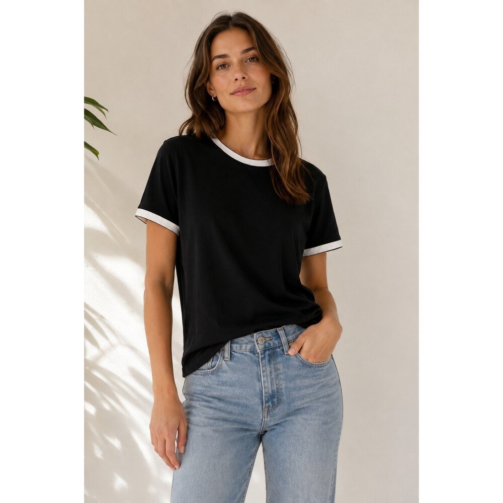 La Ligne Women’s Ringer Tee Size L Shirt Black White Contrast Trim Short Sleeve